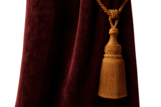 Red velvet curtain showing a decorative gold tassel tieback. Creating a classic, luxurious background on a transparent alpha channel