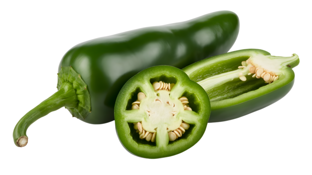 Fresh jalapeño peppers, whole and sliced, ready to add a spicy kick to your next culinary creation, perfect for vibrant food photography and recipe inspiration