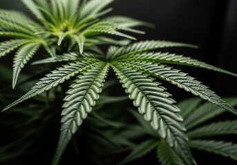 Close up of a vibrant green cannabis leaf with detailed serrated edges