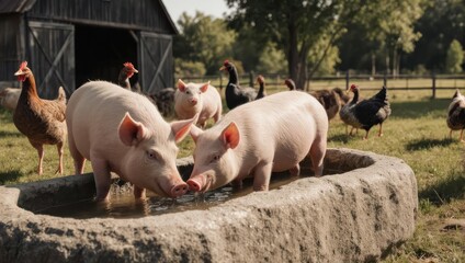 Pigs and Chickens Sharing a Water Trough on a Farm.