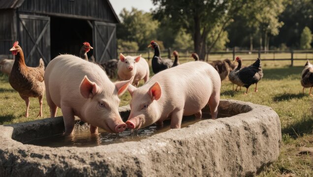 Pigs and Chickens Sharing a Water Trough on a Farm.