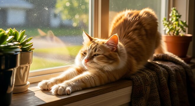 cat sleeping peacefully in morning sunlight, soft shadows, serene home mood - Powered by Adobe