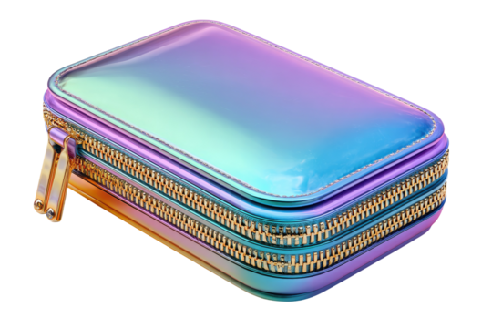 Sleek, iridescent rectangular case with gold zippers, on a black background, angled view