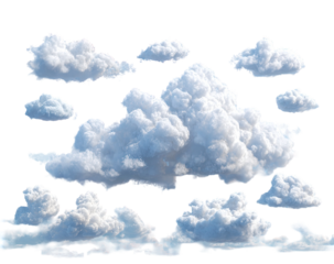 Isolated fluffy clouds of various sizes, seemingly floating against an invisible backdrop