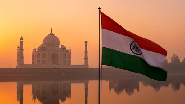 Iconic Taj Mahal stands silhouetted against fiery sunset, with fluttering Indian flag and serene reflection on the river.