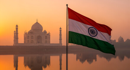 Iconic Taj Mahal stands silhouetted against fiery sunset, with fluttering Indian flag and serene reflection on the river.