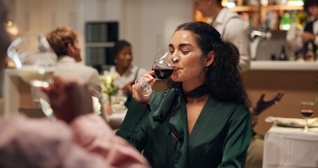 Couple, date and drink in restaurant with wine for love, romance or anniversary celebration. Hospitality, alcohol and connection with man, happy woman and beverage with dinner together and bonding