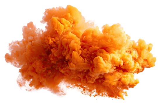 A vibrant, orange, cloud-like explosion of smoke isolated on a black background