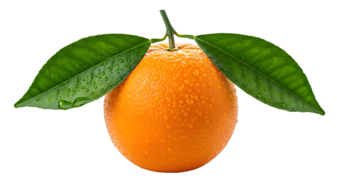 Fresh orange fruit with green leaves isolated on transparent background