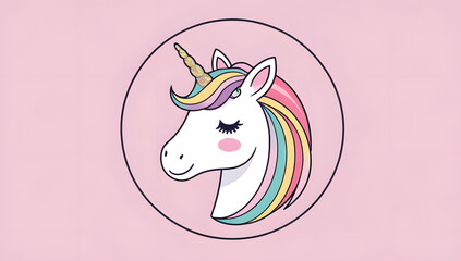 Fototapeta premium Adorable unicorn with rainbow mane and golden horn on a pink background