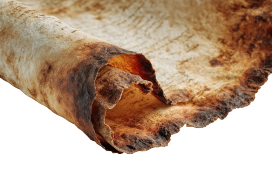 Close-up of a rustic, rolled flatbread with browned edges, isolated on black
