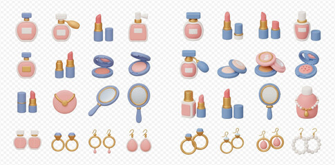 A collection of 3D rendered cosmetic products and elegant jewelry items including perfume bottles, lipsticks, compacts, mirrors, rings, and earrings in a pastel color palette.
