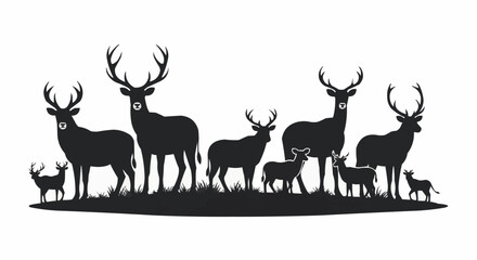 Silhouette of a Deer Family with Fawns Grazing in a Field.