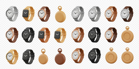 A diverse collection of 3D rendered wristwatches and pocket watches in various styles, colors, and materials.