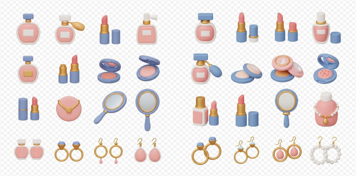 A collection of 3D rendered cosmetic products and elegant jewelry items including perfume bottles, lipsticks, compacts, mirrors, rings, and earrings in a pastel color palette.