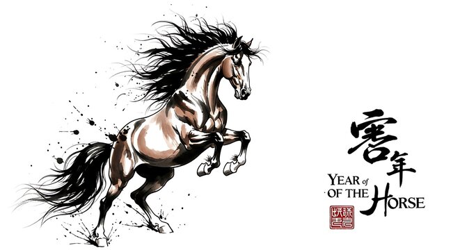 Ink painting of horse with year of the horse text
