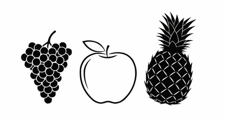 Black and white illustration of grapes, apple, and pineapple.