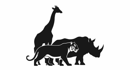 Silhouette of a Giraffe Rhinoceros and Tiger Standing Together.