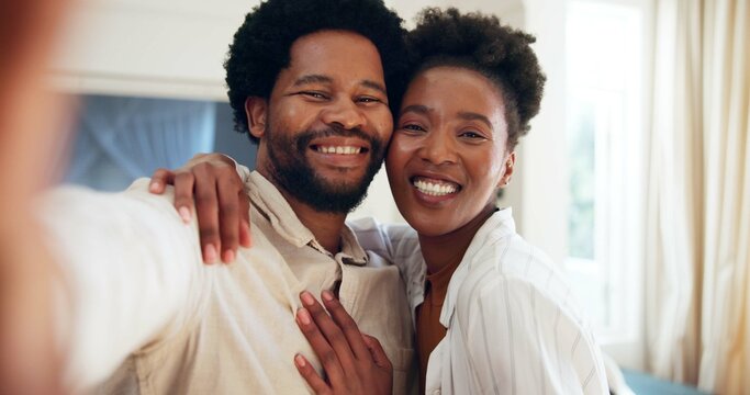 Hug, portrait and selfie with black couple in hotel room together for anniversary or bonding. Photograph, memories and smile of happy African people in bedroom for accommodation or hospitality - Powered by Adobe