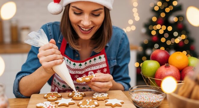 Smiling woman in a Santa hat decorating gingerbread cookies for Christmas. Festive holiday baking with homemade sweet treats. Winter season tradition in a cozy kitchen - Powered by Adobe
