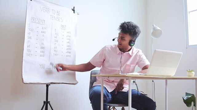 Engaged young teacher leading online English lesson on verb conjugations for remote students