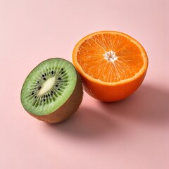Kiwi and Orange Slices on Soft Pastel Pink Background