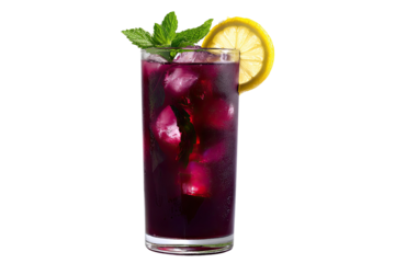 Tall glass of purple beverage with ice, lemon garnish, and mint sprig, isolated on black