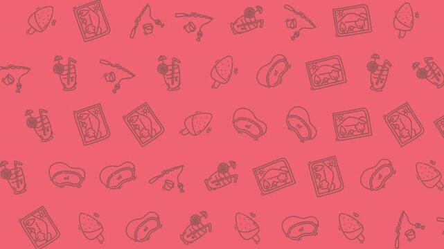A repeating pattern of various food-related illustrations against a red background.