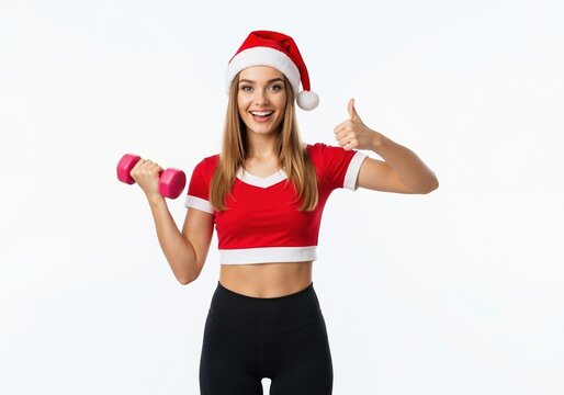 Smiling fitness woman in a Santa hat holding a dumbbell and showing thumbs up. Festive Christmas workout and healthy holiday lifestyle concept with copy space - Powered by Adobe