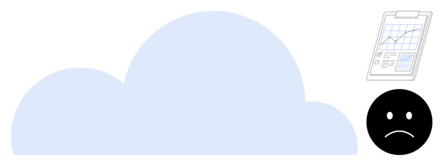 Large blue cloud next to an analytics report clipboard and sad face icon. Ideal for data storage, cloud computing, cybersecurity, privacy breach, analytics error, tech issues, negative outcomes