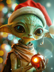 Christmas alien holding red ornament with Santa hat and lights