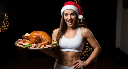 Excited fit woman in a Santa hat holding a platter with a roasted turkey and Christmas cookies. Athletic girl celebrating the holidays with a festive feast. Fitness and diet cheat day concept