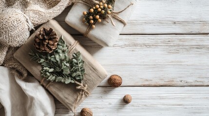 Fototapeta premium Aesthetic gift wrapping featuring natural decorations like pinecones and greenery, set against a rustic wooden background.