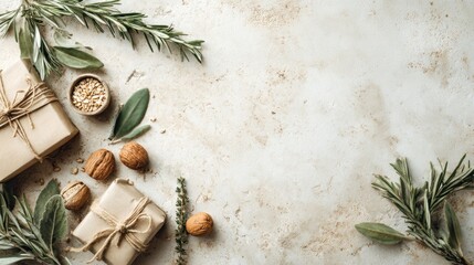A serene flat lay featuring wrapped gifts, nuts, and fresh herbs on a textured surface, evoking a rustic, festive atmosphere.