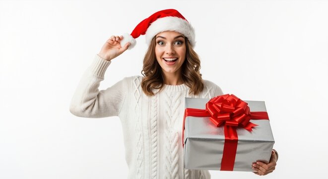Happy surprised woman in a santa hat holding a christmas gift. Cheerful young female celebrating the winter holidays on a white background with copy space - Powered by Adobe