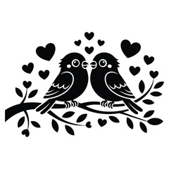 Fototapeta premium Two cute black silhouette birds perched on a branch surrounded by hearts and leaves love
