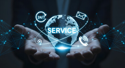 Modern Abstract Global Customer Service Connection Network in Human Hand Concept