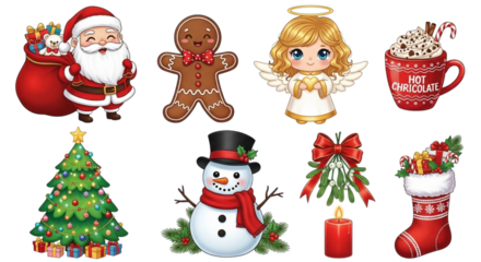 Collection of christmas characters and symbols including santa claus, gingerbread man, angel, hot chocolate, christmas tree, snowman, mistletoe, candle, and stocking