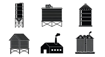 Farm building vector set, vintage silos and barn silhouettes