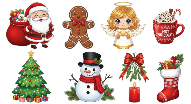 Collection of christmas characters and symbols including santa claus, gingerbread man, angel, hot chocolate, christmas tree, snowman, mistletoe, candle, and stocking