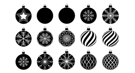 Collection of fifteen black and white christmas baubles with various patterns and designs