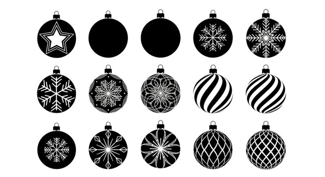 Collection of fifteen black and white christmas baubles with various patterns and designs