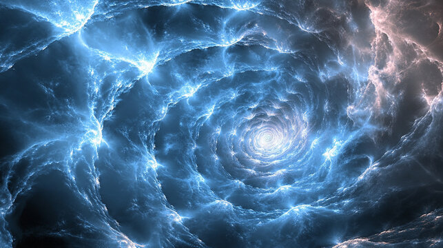 White and cyan light beams twisting into a glowing vortex spiral symbolizing energy flow motion and futuristic technology with abstract cosmic depth and radiant digital elegance