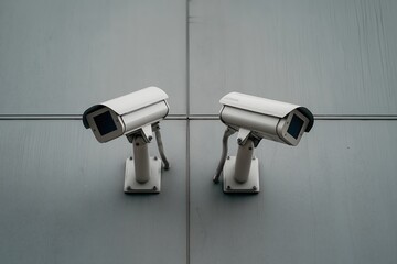 Overhead shot of two surveillance cameras on an industrial building's wall,  representing advanced security systems for urban and commercial applications.