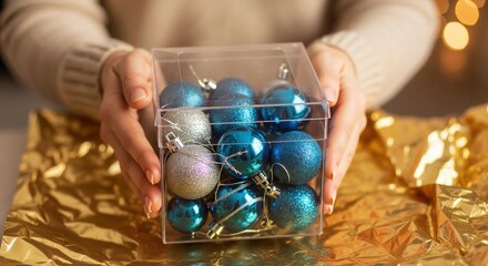 Woman's hands holding a box of blue and silver Christmas ornaments. Festive holiday preparation with decorations over gold wrapping paper