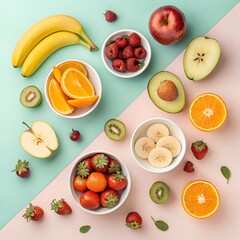 Healthy assorted fruits arranged on colorful pastel background for modern health concept