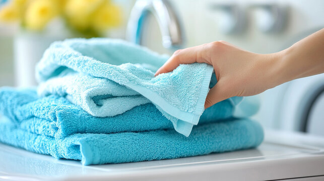 Woman’s hand neatly folding clean laundry in a bright sunlit laundry room symbolizing home organization freshness domestic care and everyday cleanliness with natural light and calm atmosphere
