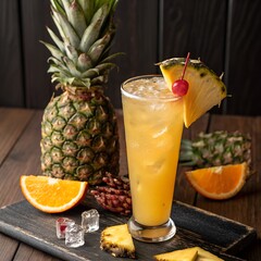 Fresh tropical cocktail drink with pineapple and orange slice served on dark wooden table