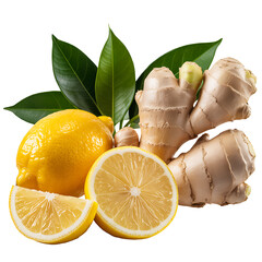 Fresh whole and sliced lemons with ginger roots and green leaves displayed together on a transparent background