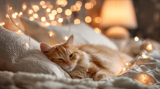 Cozy Orange Tabby Cat Sleeping Amidst Warm Twinkling String Lights on a Plush Bed - Powered by Adobe